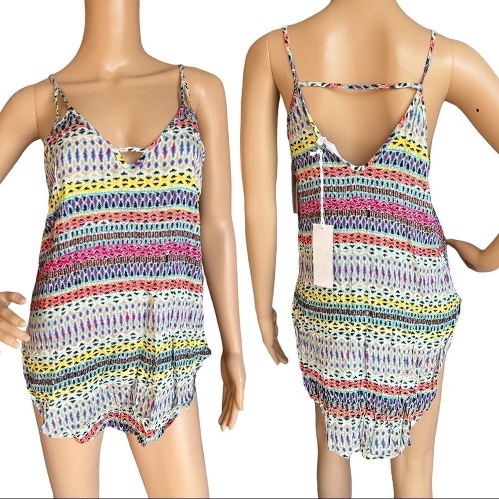 Lush Tunic Tank Taupe Top Multicolor Print Size S Spaghetti Strap